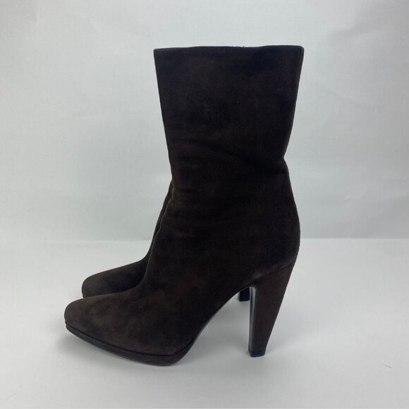 PRADA Chocolate Brown Suede Platform Heeled Mid Calf Boots Size 8 - Picture 3 of 10